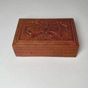 Vintage Hand Crafted Tooled Leather Covered Jewelry Keepsake Trinket Box